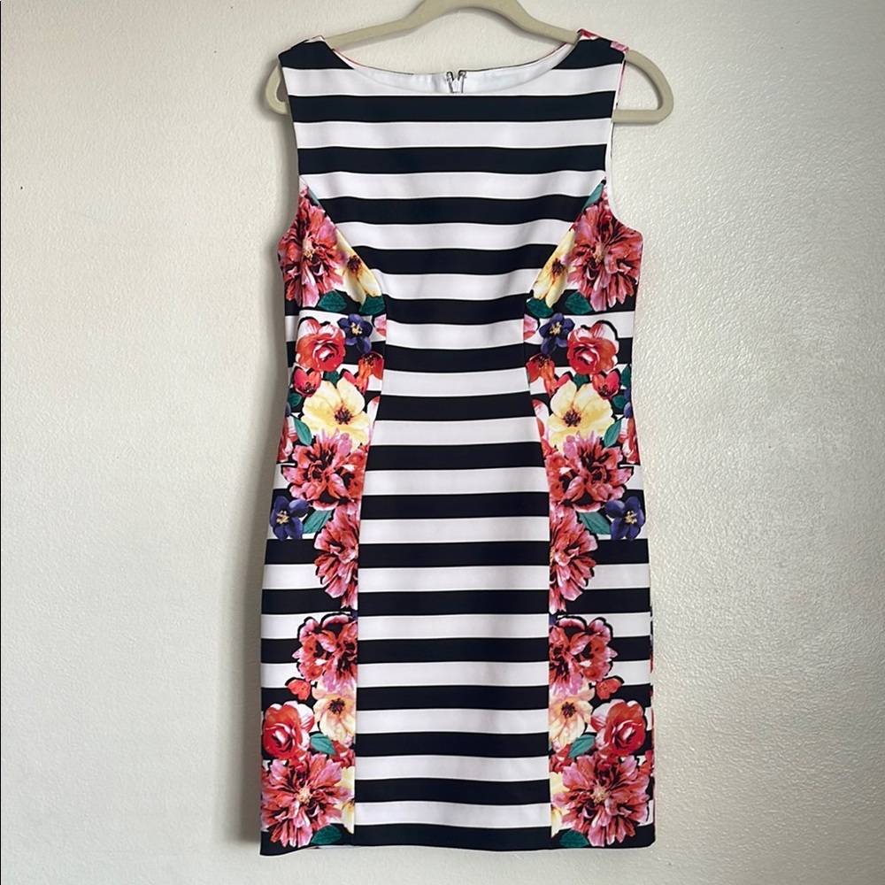 Tahari Floral Striped Sleeveless Dress